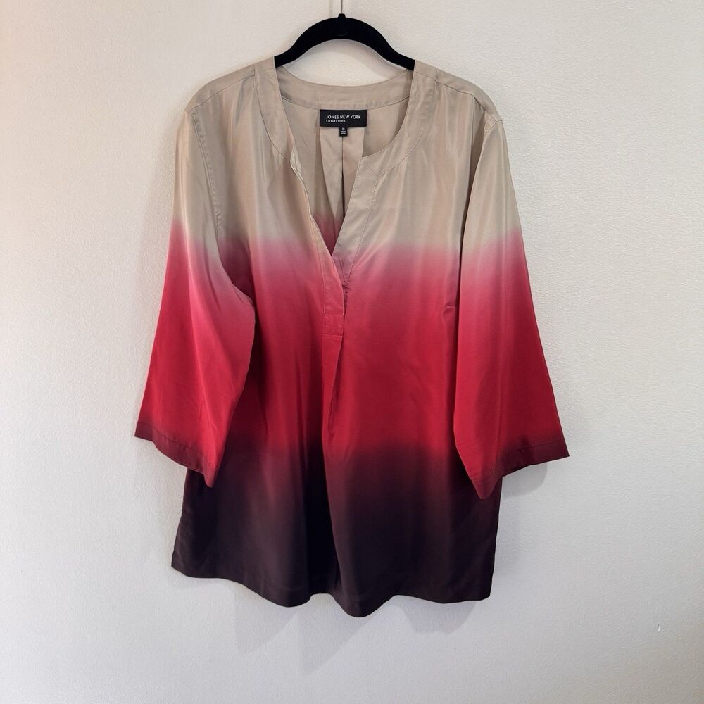 Jones New York Collection Shirt Blouse 16 Silk Satin Dip Dye Ombre Tunic Red